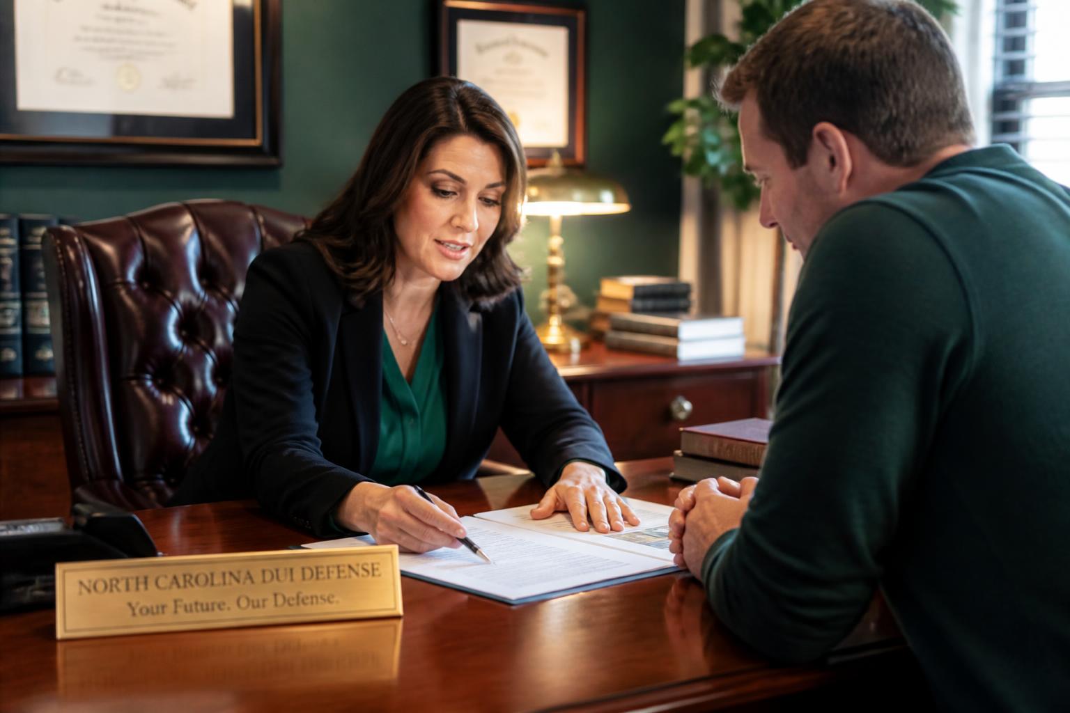 DUI defense attorney explaining the North Carolina DUI process to a client during a consultation in Zebulon, NC